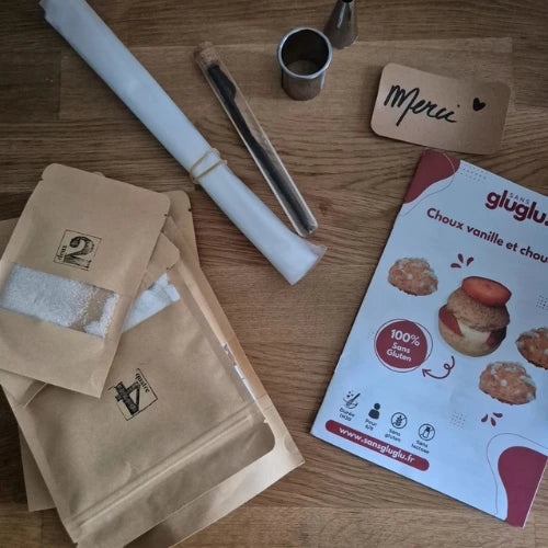 Ingrédients de la box de pâtisserie sans gluten de sansgluglu pour réaliser des choux vanille et chouquettes.