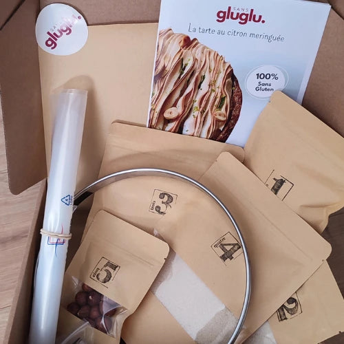 Ingrédients de la box sansgluglu pour réaliser une tarte au citron meringuée sans gluten.