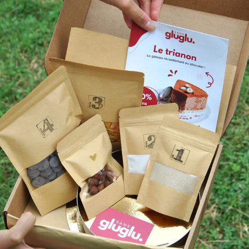 Emballage de la box Trianon sans gluten de sansgluglu, box de pâtisserie sans gluten.