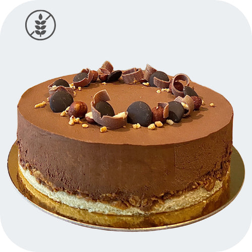 Photo du Trianon au chocolat sans gluten de sansgluglu, box de pâtisserie sans gluten avec mousse et praliné croquant.